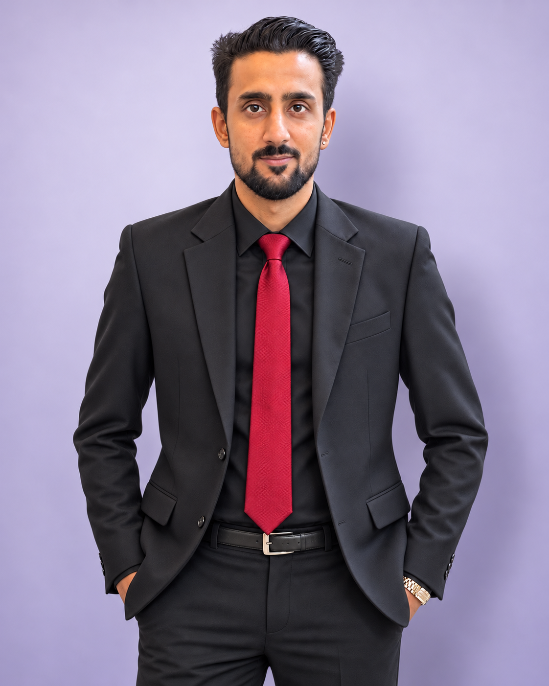 Ahsan Bhaghdadi, Founder of BrainBoys AI, in a black suit and red tie against a lilac studio background